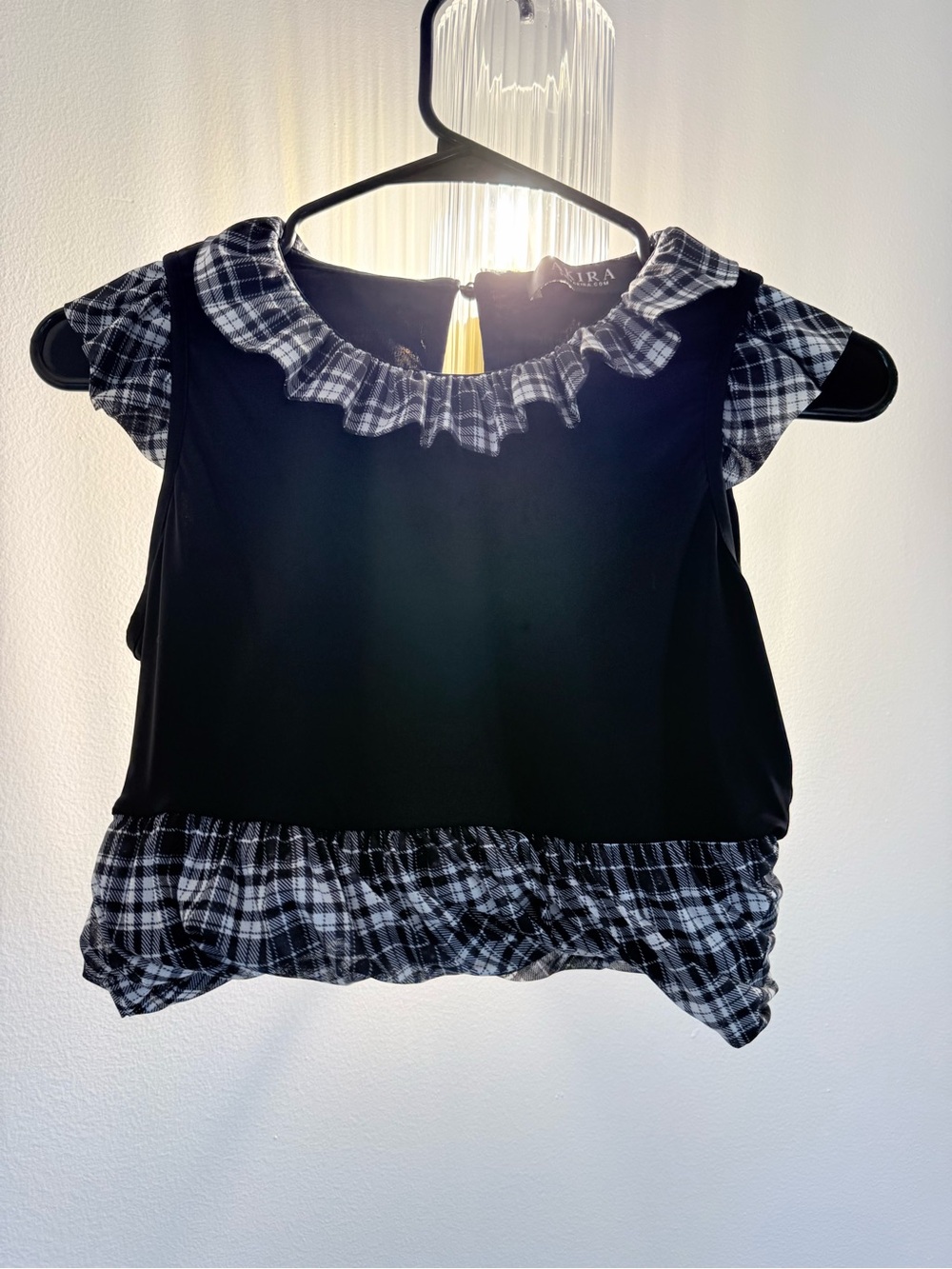 AKIRA Black Top with Black & White Plaid Ruffle Trim